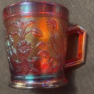 Vintage Carnival Glass Mug with Bird and Floral Design